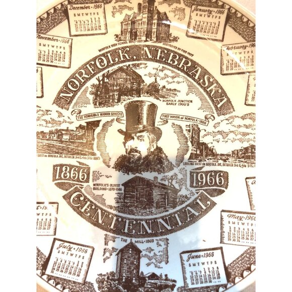 Norfolk Nebraska Centennial Decor Plate Kettlesprings Kilns 10" Brown Print Vtg - Picture 2 of 3